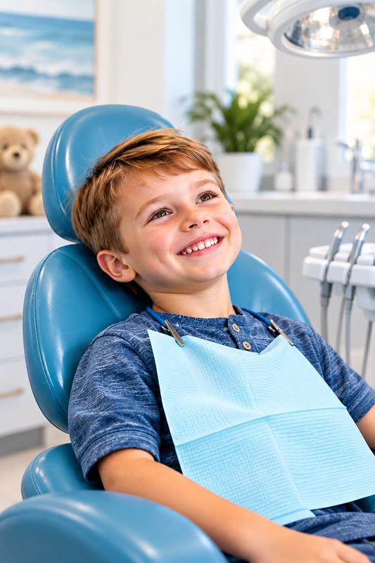 Child smiling in dental chair, ready for consultation