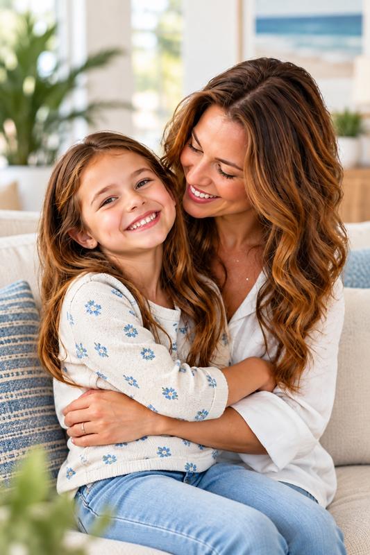 Mother and daughter smiling together