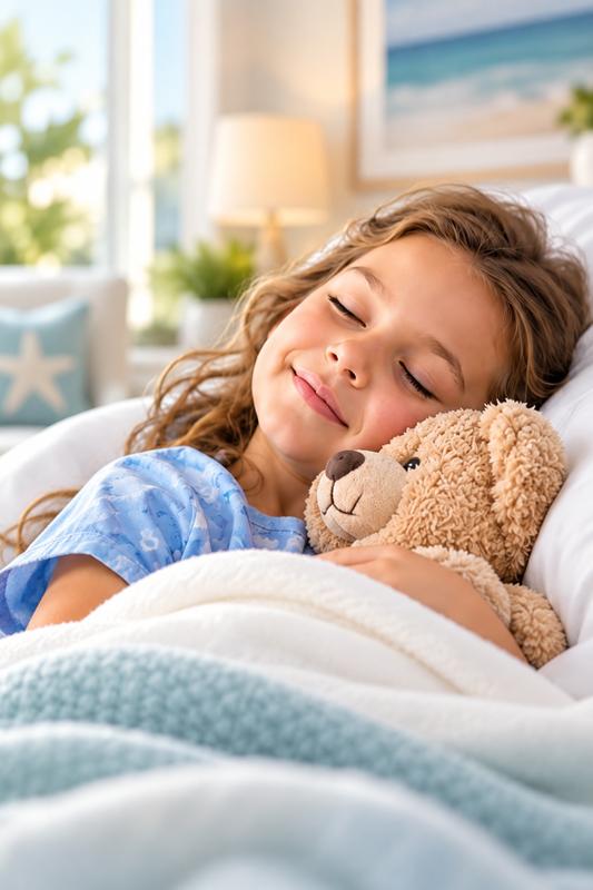 Child resting comfortably with a stuffed animal